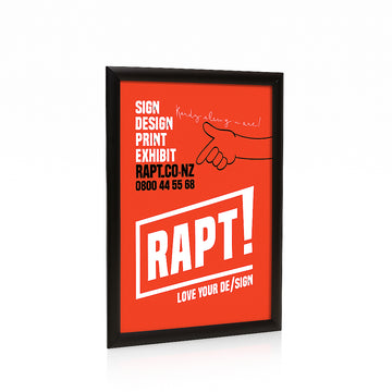 Indoor snap frame poster display with 25mm aluminium profile, mitred corners, and front-opening design for easy poster changes