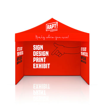 Custom printed marquee with branded roof, back wall, and full side panels, ideal for outdoor events and promotions, available in 3x3m, 3x4.5m, and 3x6m sizes