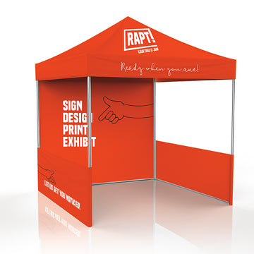 Custom printed marquee featuring branded roof, back wall, and half-height side panels, ideal for outdoor events, available in 3x3m, 3x4.5m, and 3x6m sizes
