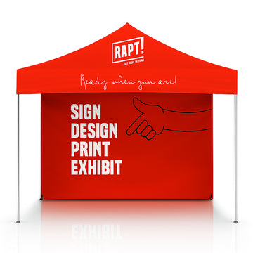 Custom printed marquee with branded roof and back wall, water-resistant and ideal for outdoor events, available in 3x3m, 3x4.5m, and 3x6m sizes