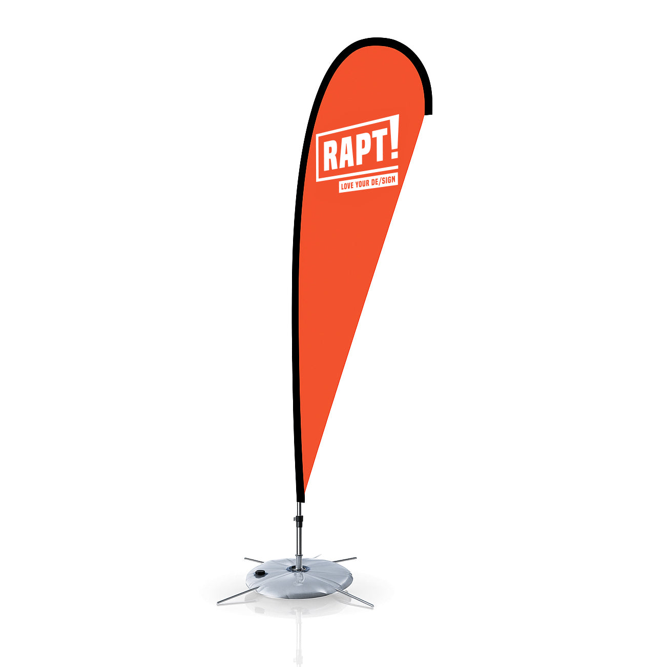 Teardrop flag with pole set, carry bag, and optional bases for indoor or outdoor use, available in single or double-sided print