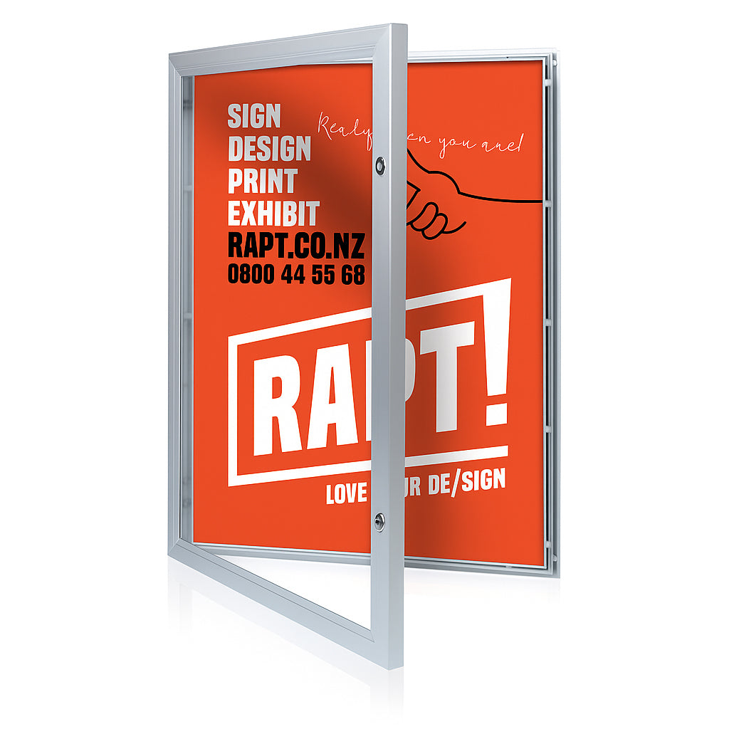 Silver lockable poster frame for outdoor use with hinged anodised aluminium frame and unbreakable polycarbonate cover