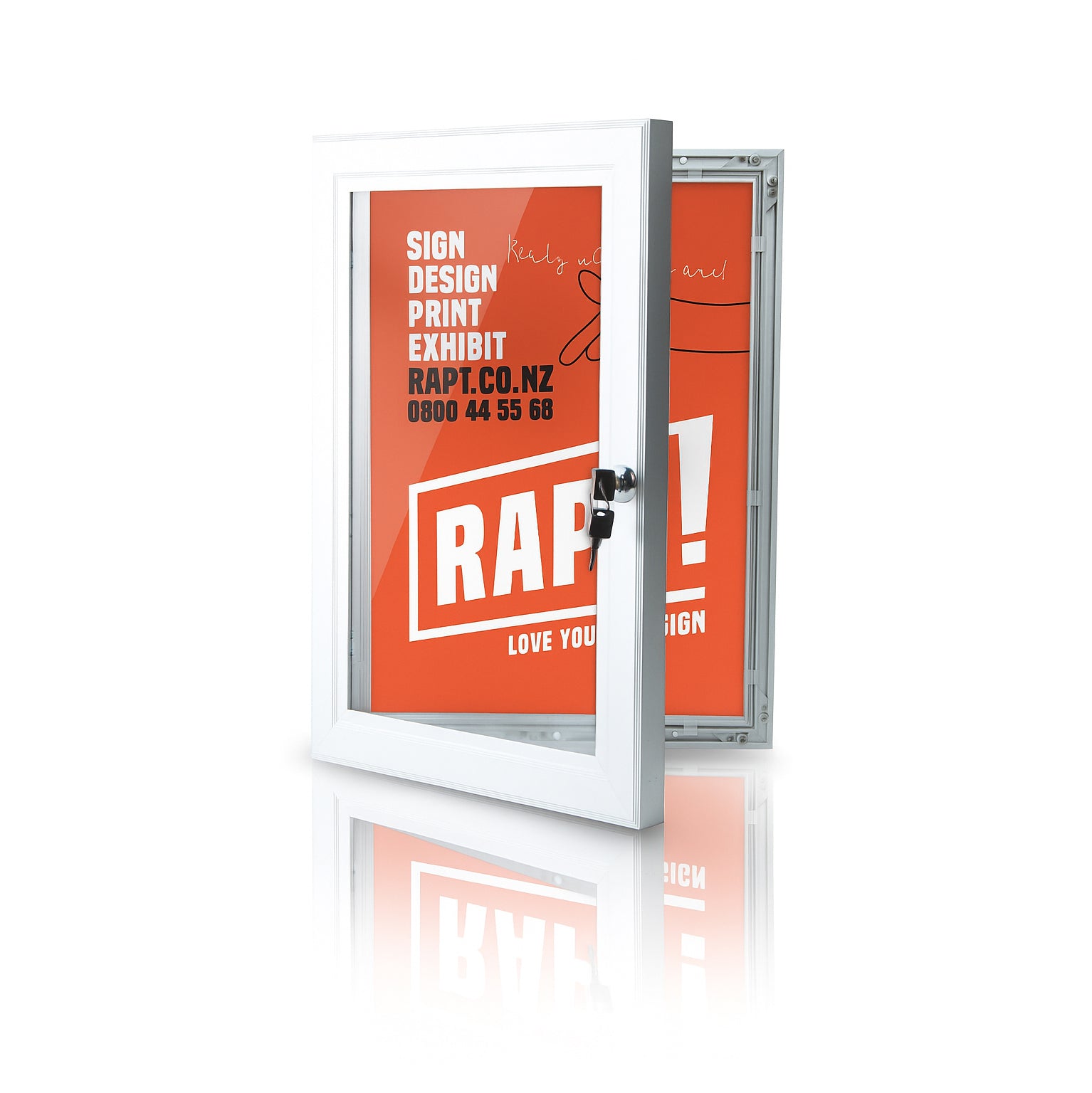 Silver lockable poster frame for outdoor use with hinged anodised aluminium frame and unbreakable polycarbonate cover