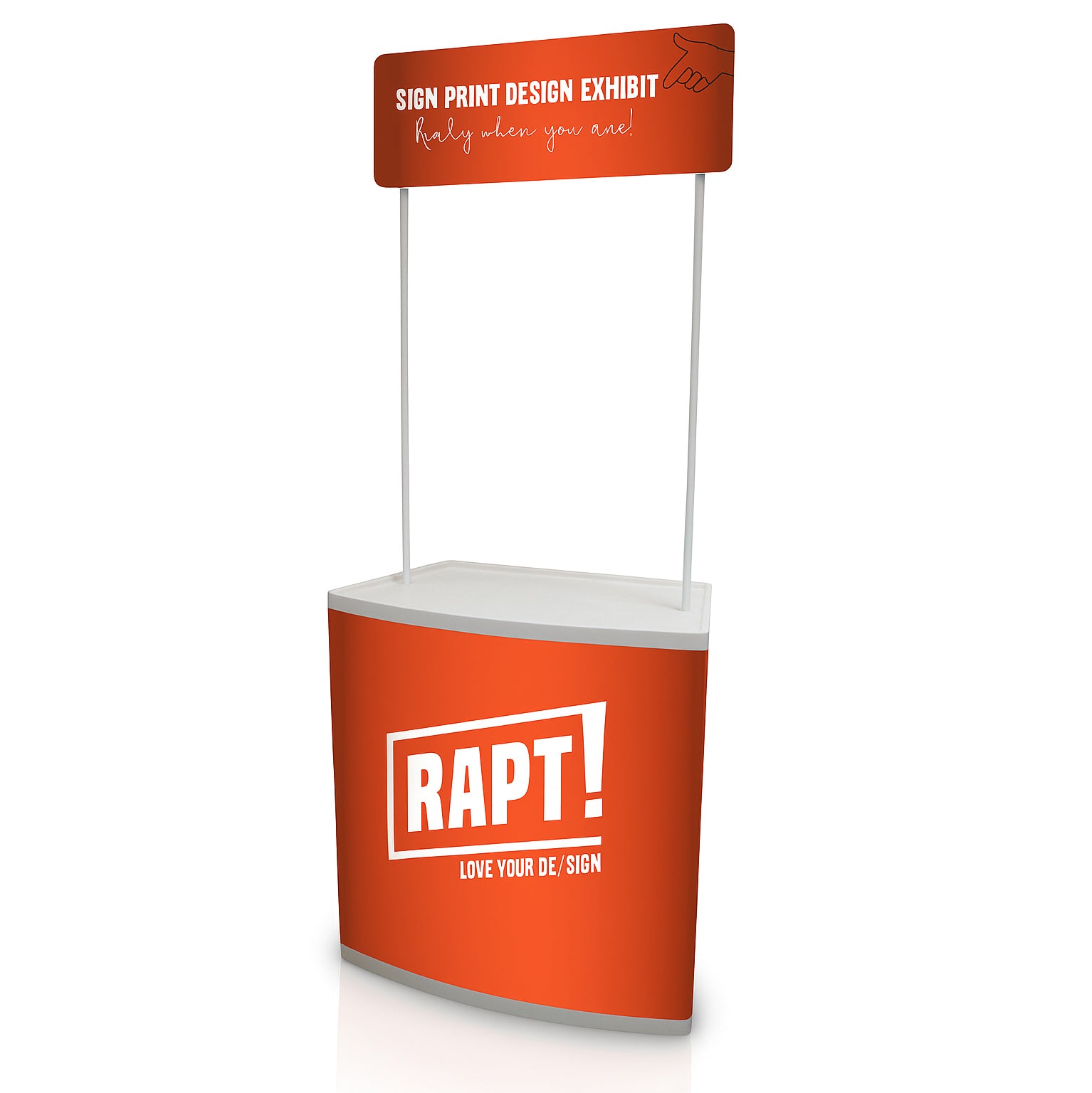 Lightweight portable promo counter with custom printed graphics, header panel, and inner storage, ideal for trade shows and retail demos
