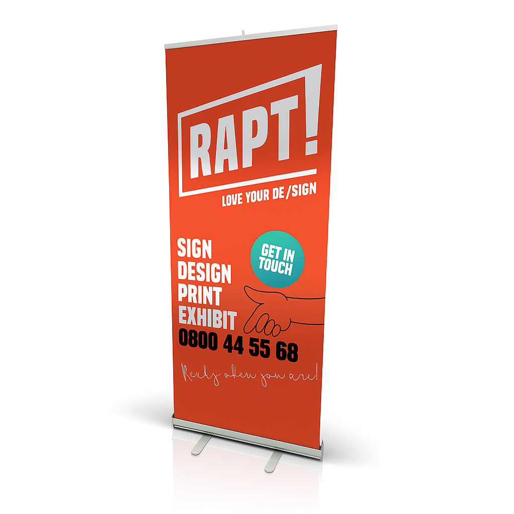 Durable 850 x 2050mm pull up banner printed on rip-free media, includes black canvas carry bag for easy transport