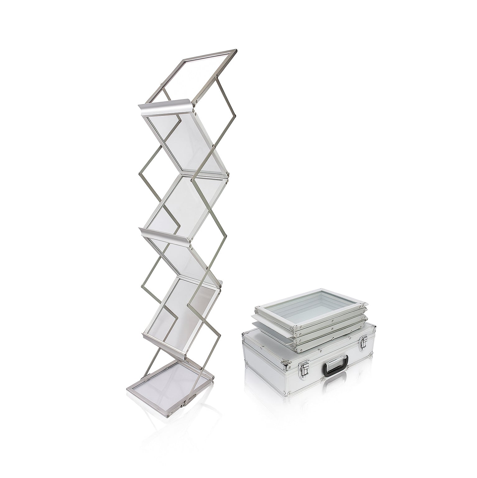 Scissor-style portable brochure stand with silver aluminium frame and 6 A4 pockets, includes durable aluminium carry case