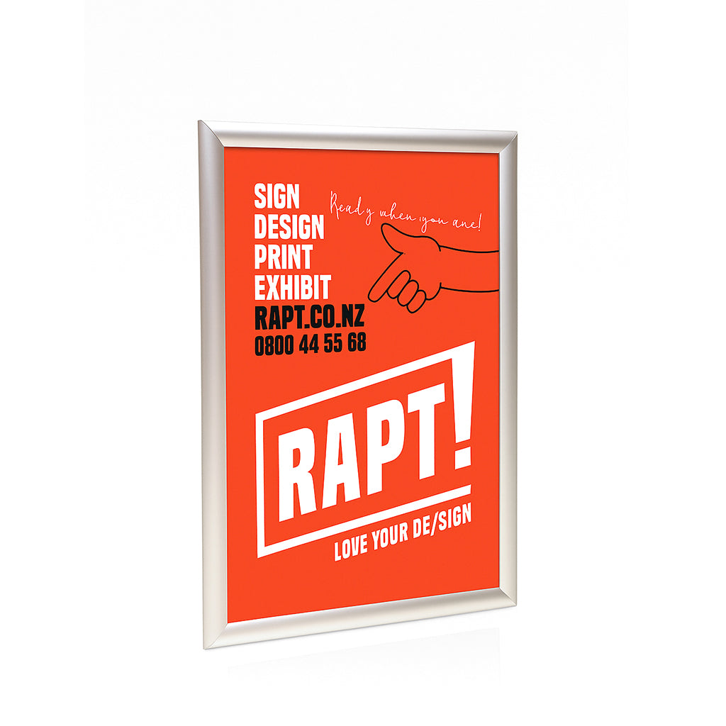 Indoor snap frame poster display with 25mm aluminium profile, mitred corners, and front-opening design for easy poster changes