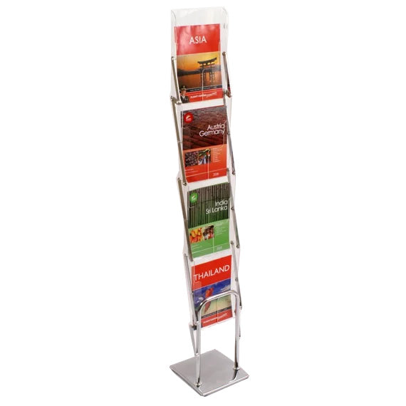 Portable brochure stand with chrome frame and 4 A4 acrylic pockets, ideal for trade shows and reception areas, includes compact carry bag