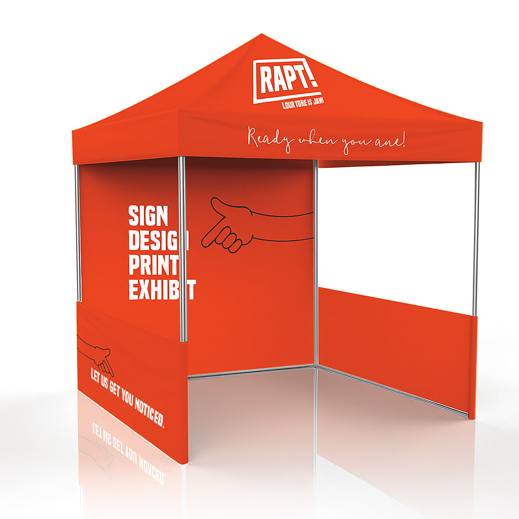 Custom printed marquee featuring branded roof, back wall, and half-height side panels, ideal for outdoor events, available in 3x3m, 3x4.5m, and 3x6m sizes