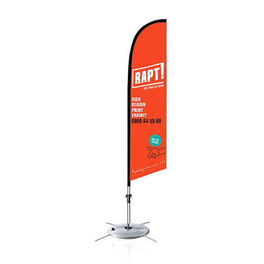 Custom Feather Surf Flag with pole, carry bag, and choice of spike, plate, or water base for soft ground installation