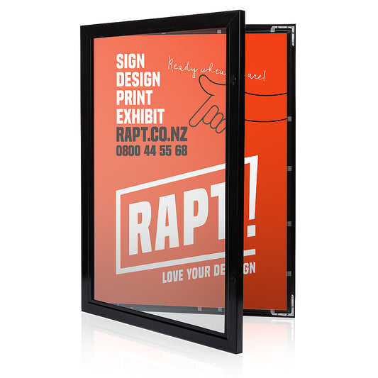 Black lockable poster frame for outdoor use with hinged anodised aluminium frame and unbreakable polycarbonate cover