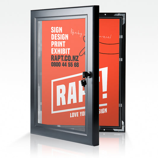 Black lockable poster frame for outdoor use with hinged anodised aluminium frame and unbreakable polycarbonate cover