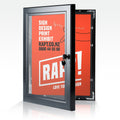 Black lockable poster frame for outdoor use with hinged anodised aluminium frame and unbreakable polycarbonate cover