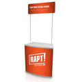 Lightweight portable promo counter with custom printed graphics, header panel, and inner storage, ideal for trade shows and retail demos