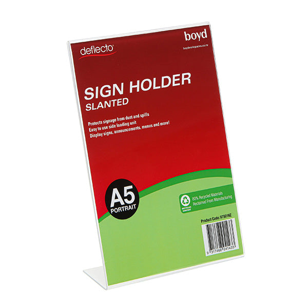 Slanted Sign Holder Portrait A5 80% Clear Recycled Materials