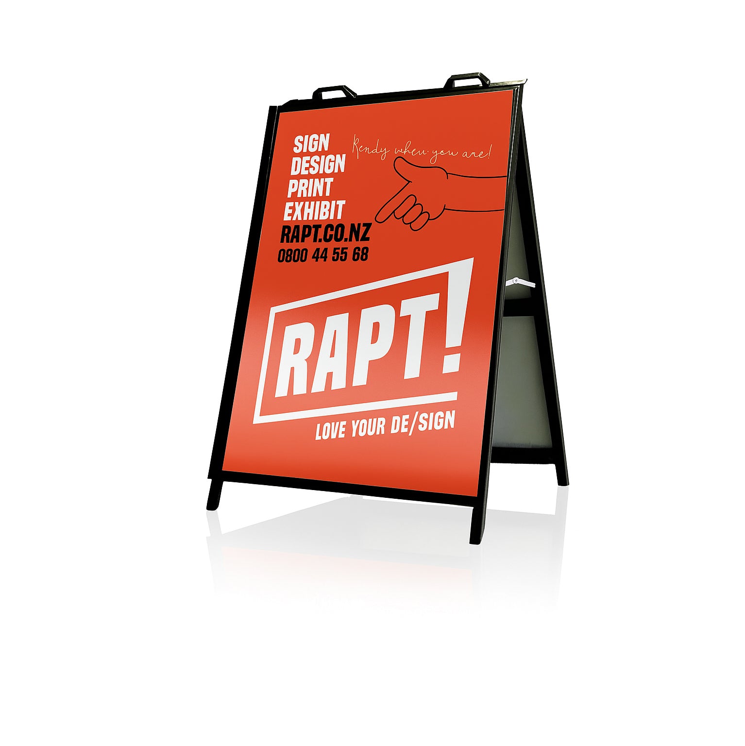 Durable Steel Lite A-frame footpath sign with 600 x 900mm double-sided full colour laminated print and fixed steel panels, powder-coated frame with carry handle