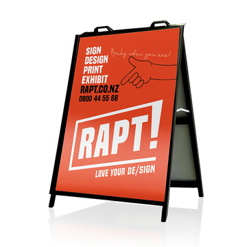 Steel Lite A-frame footpath sign with 900 x 1200mm double-sided full colour laminated print and fixed steel panels, powder-coated frame with top handle